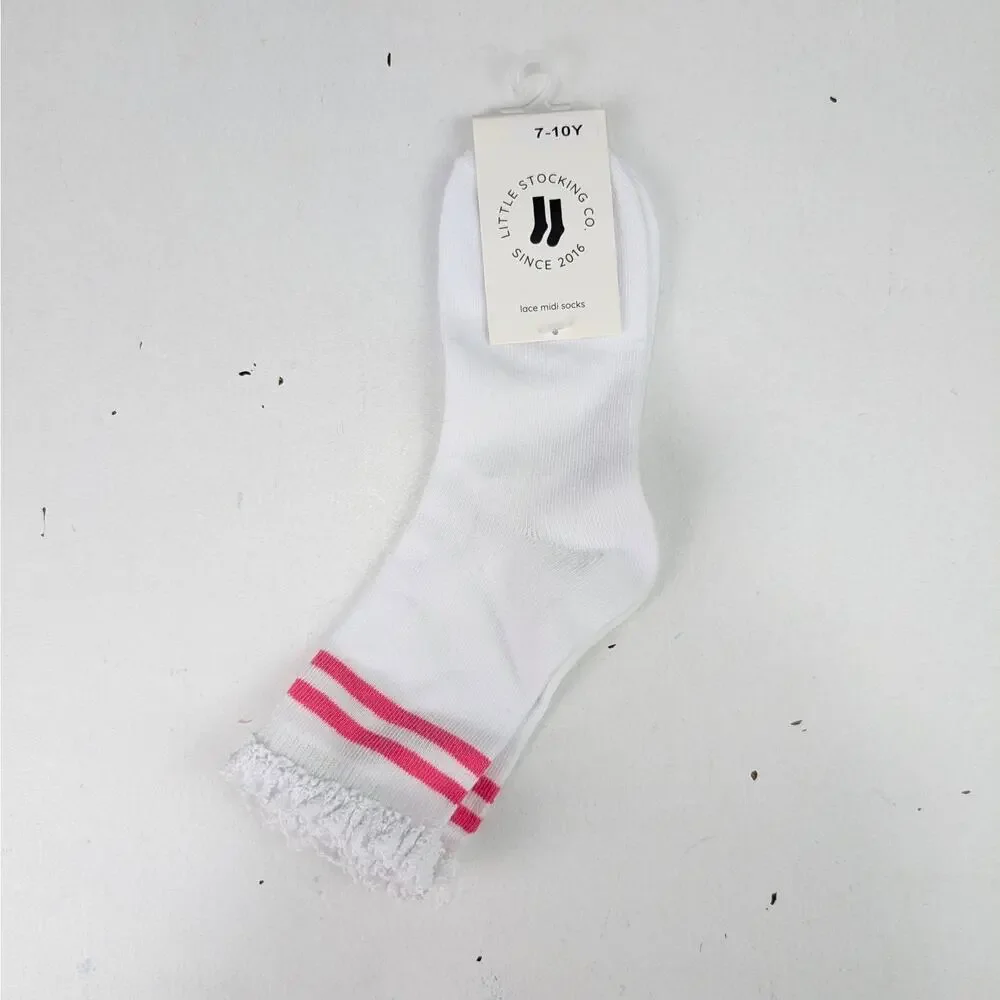 Little Stocking Girls 7-10Y White/Pink Stripe Lace Midi Socks